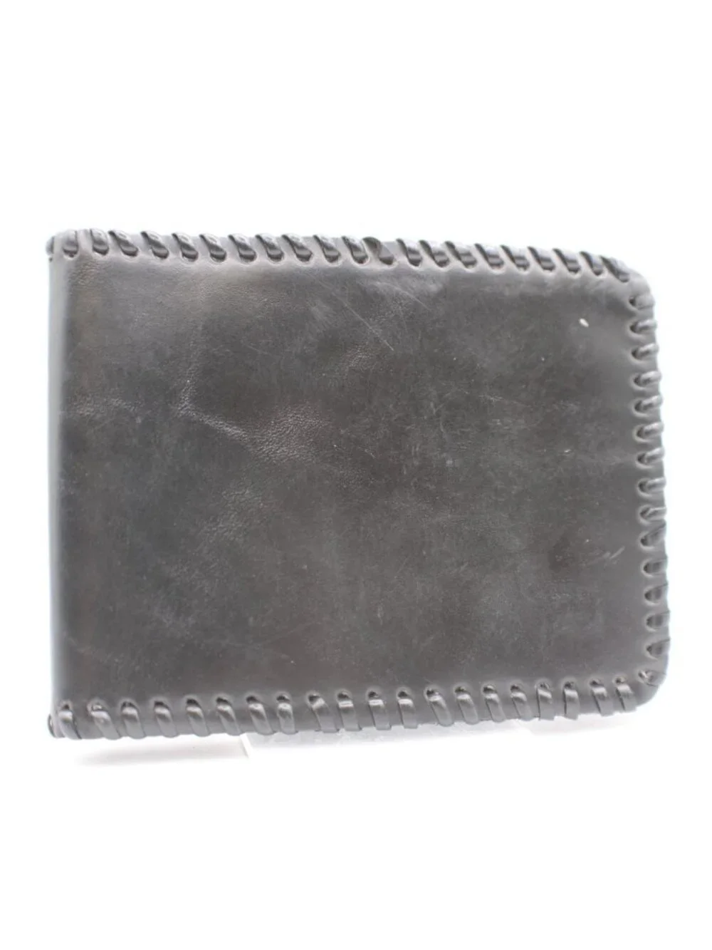 Large Stitched Border Black Leather Bi-Fold Wallet ID Window Card Slots Vintage